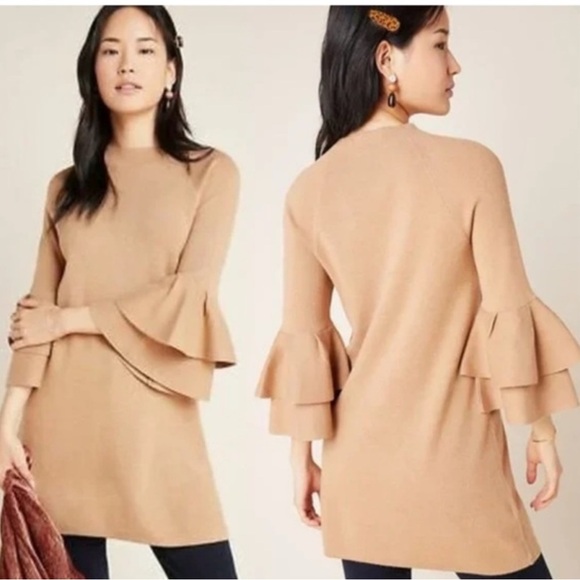 Anthropologie Claudette Ruffle Sleeve Sweater Dress tan with gold fleck - Picture 2 of 10